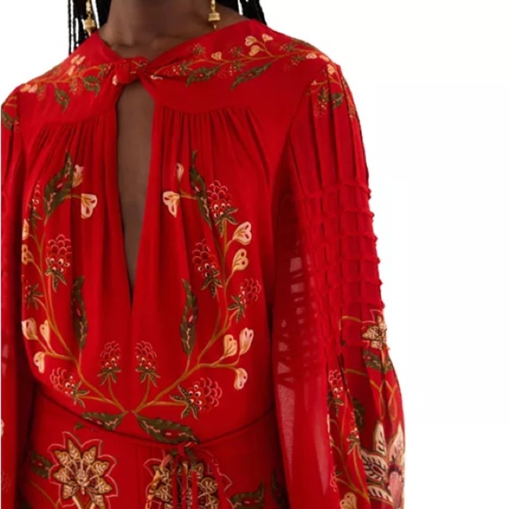 NEW FARM RIO berry garden long sleeve pleated maxi dress red boho wedding guest - Picture 2 of 13